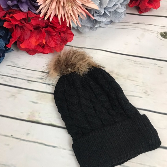 Children’s Black Knitted Beanie with Fur Pom Pom - Picture 6 of 7